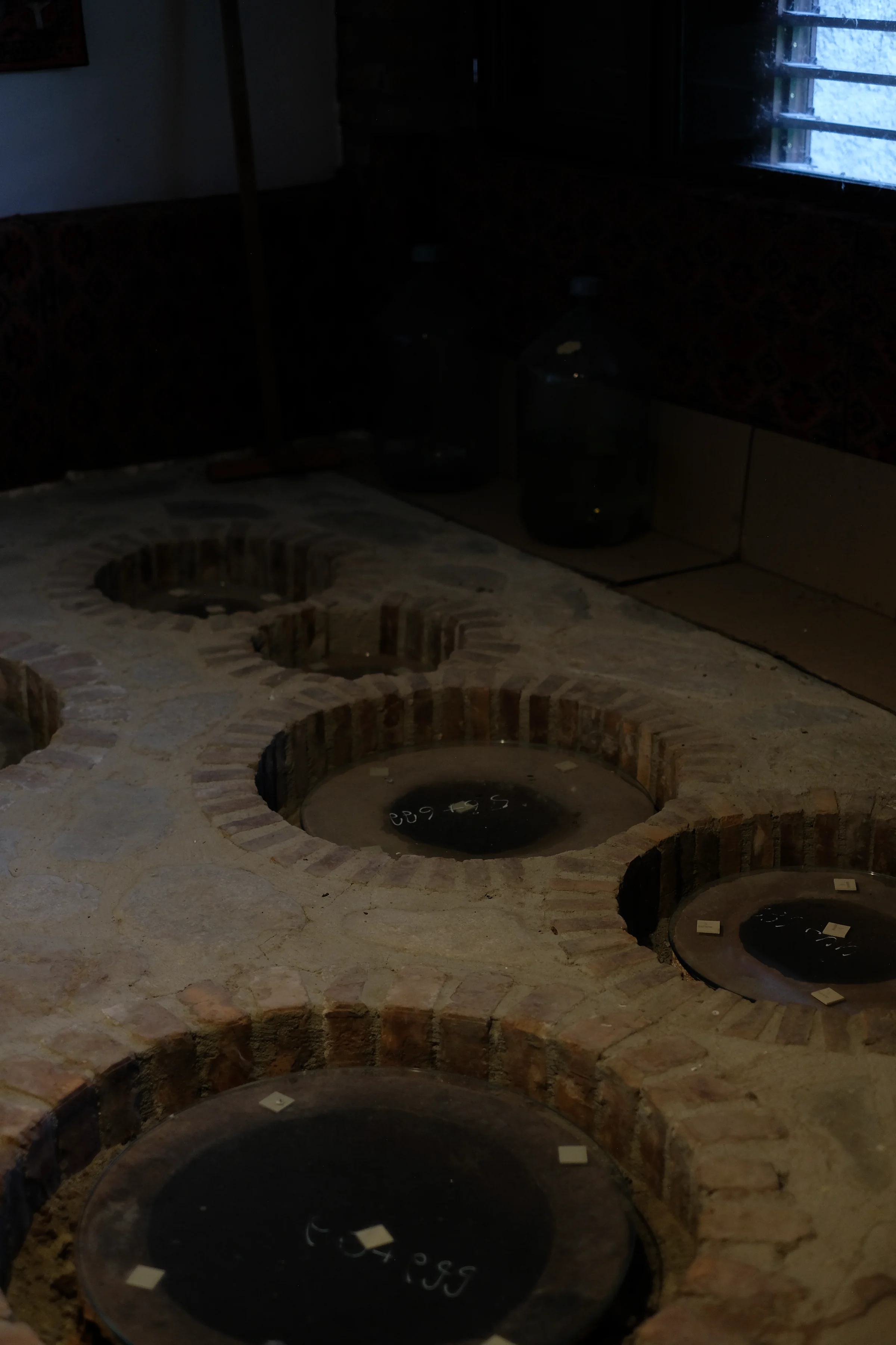 Qvevri set into the brick-lined floor of the cellar.