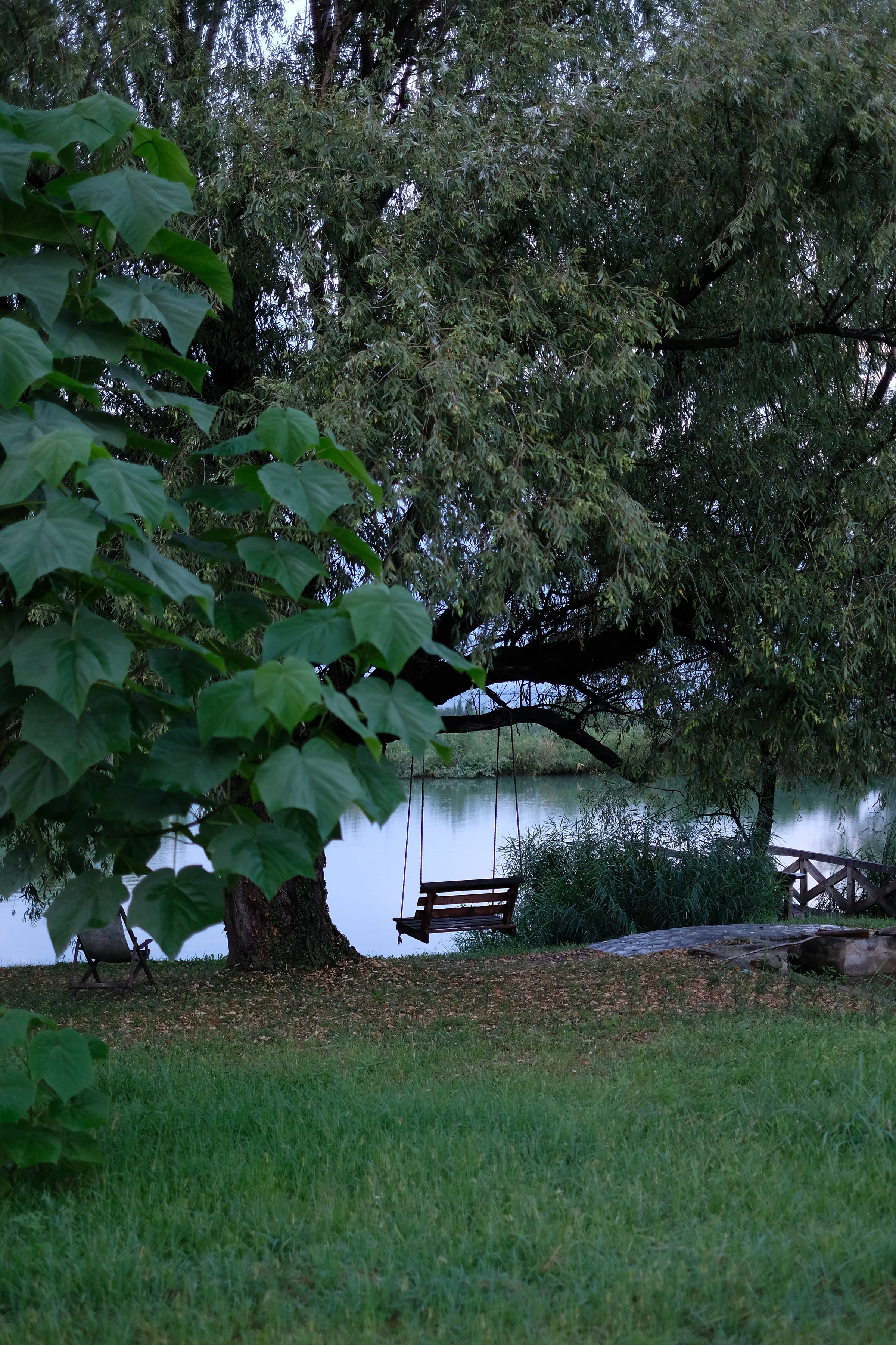 A wooden swing hanging beneath a tree in the garden beside the lake.